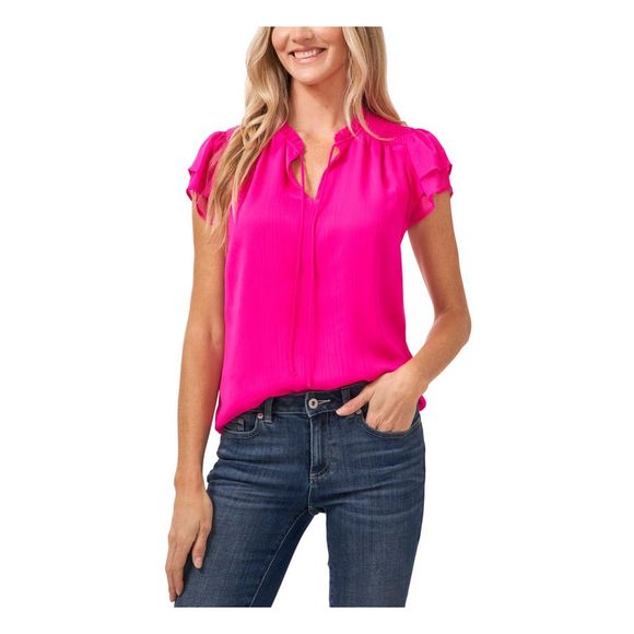 CECE Womens Pink Smocked Textured Flutter Sleeve Tie Neck Party Top XS - Picture 1 of 4